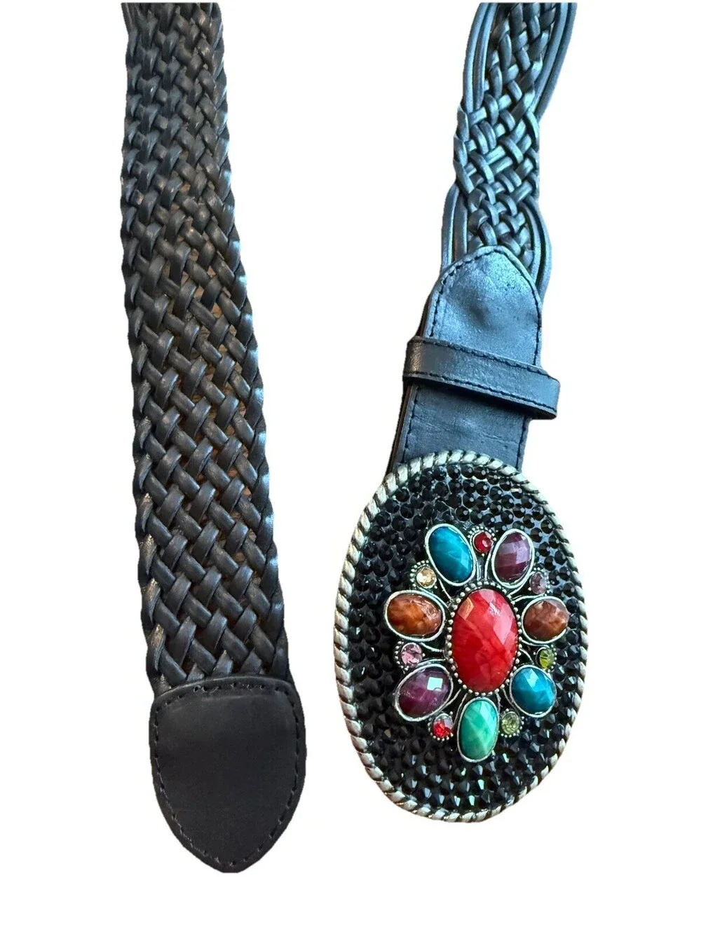 Buckle Your Belt Boho Western Style Braided Black And Gemstone Statement Belt